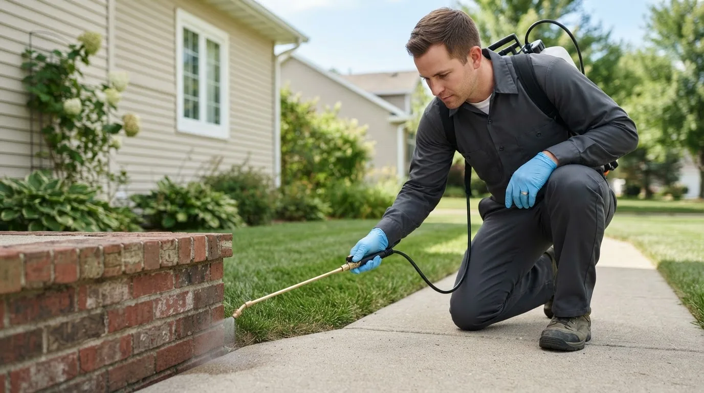 Pest control technician treating a home near Farwell, TX